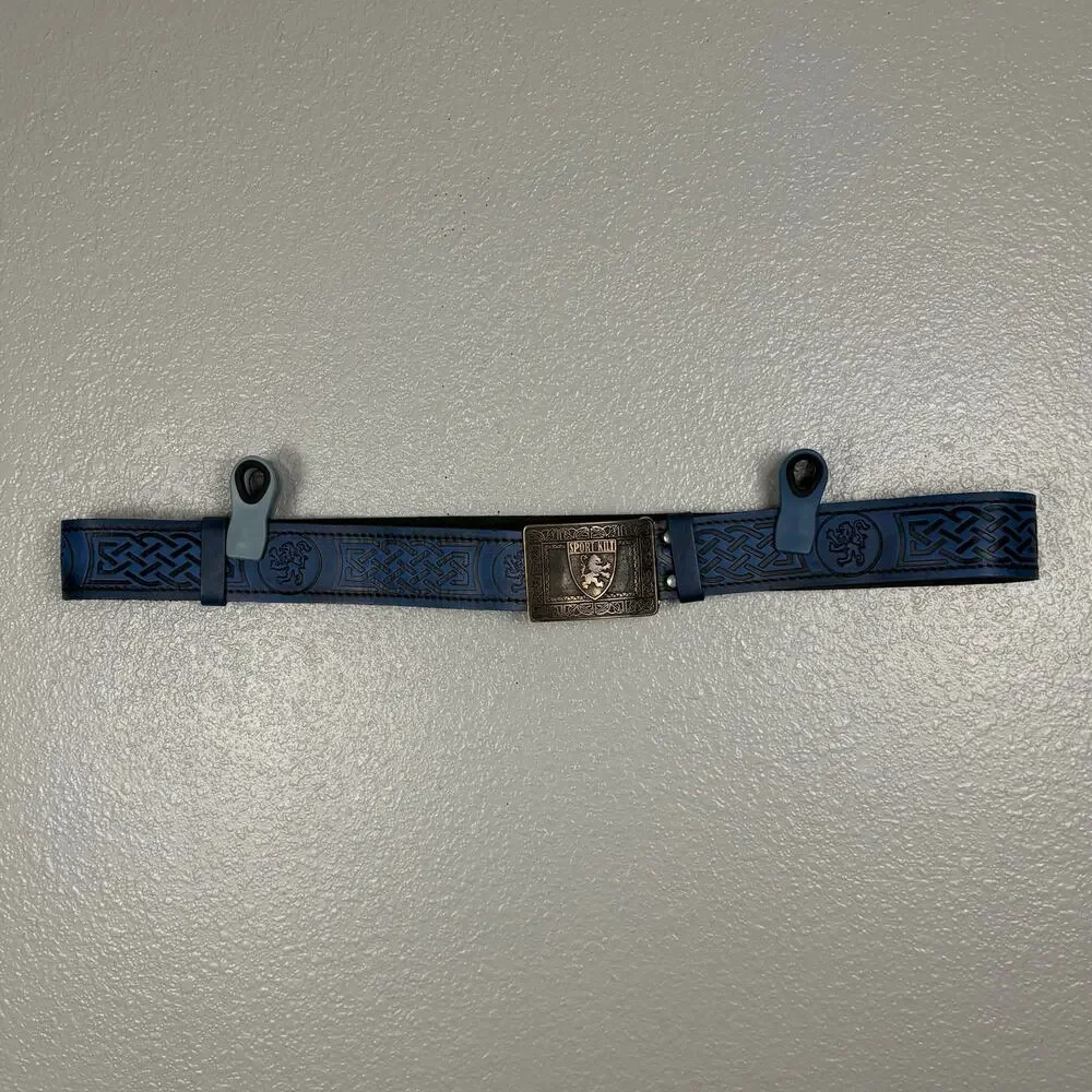 Size XXL Sport Kilt Belt Blue Gold Buckle Lion Black Filigree Detail Velcro